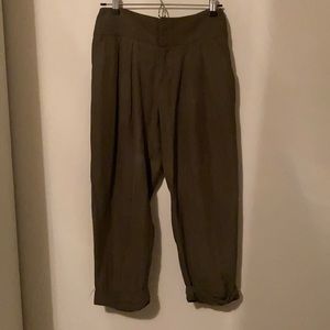 Cropped silk/cotton olive green trousers